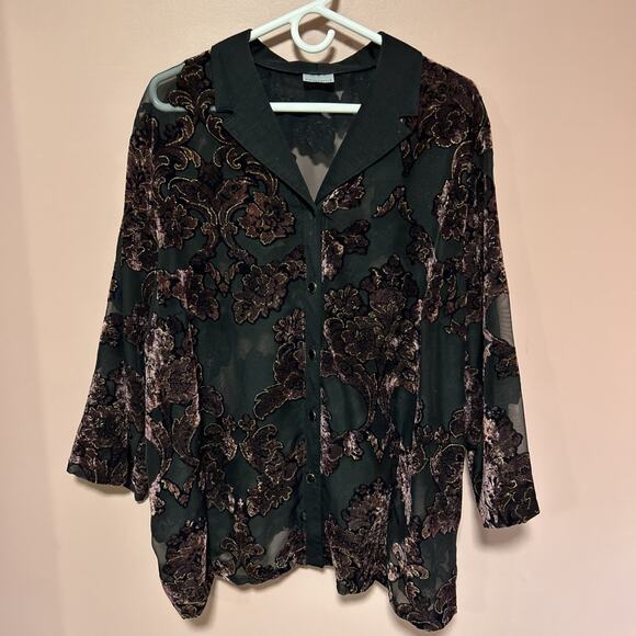 Vintage 90s y2k fairy mesh top shirt fairycore cottage renaissance floral velvet - Picture 1 of 5